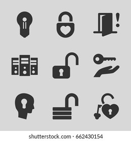Lock icons set. set of 9 lock filled icons such as door warning, keyhole in head, keyhole, key on hand
