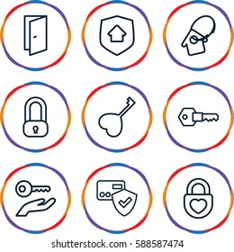 lock icons set. Set of 9 lock outline icons such as door, heart key, key, home security