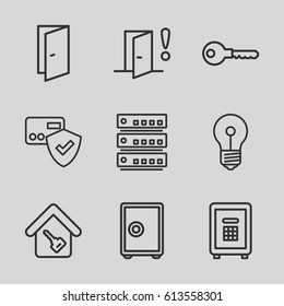 Lock icons set. set of 9 lock outline icons such as door, key, safe, home key, door warning, card protection, server