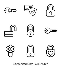 Lock icons set. set of 9 lock outline icons such as key, card protection