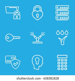 Lock icons set. set of 9 lock outline icons such as heart lock, watering system, intercom, keyhole in head, card protection, key, server