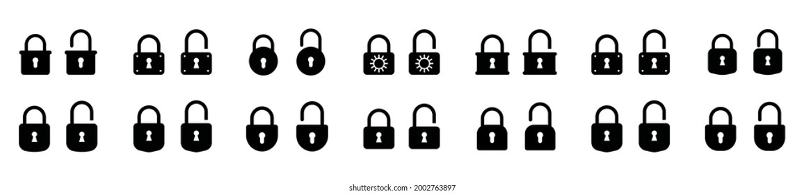 Bloquear el conjunto de iconos. Iconos negros aislados de bloqueo y desbloqueo bloqueados en fondo blanco. Silhouette de castillo cerrado y desbloqueado. Icono de protección. Estilo plano. Ilustración del vector