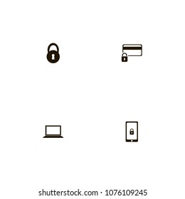 Lock icons set. closed, round lock, laptop and security