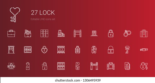 lock icons set. Collection of lock with briefcase, turntiles, door hanger, lockers, padlock, doorknob, password, suitcase, safebox, door, locker. Editable and scalable lock icons.