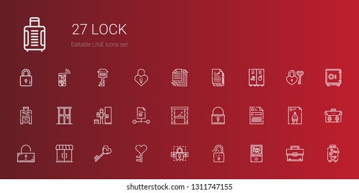 lock icons set. Collection of lock with domotics, padlock, password, key, entrances, unlocked, file, access, locker, door, suitcase, files, briefcase. Editable and scalable lock icons.