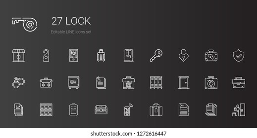lock icons set. Collection of lock with file, suitcase, navigation, chest, lockers, door, files, safebox, briefcase, handcuffs, padlock, key. Editable and scalable lock icons.