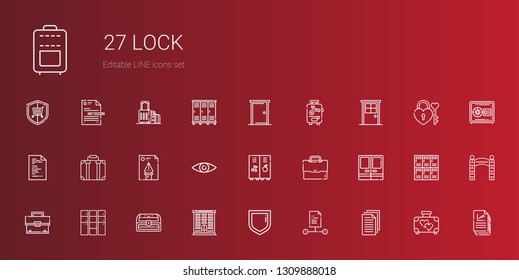 lock icons set. Collection of lock with files, file, security, jail, chest, locker, briefcase, doors, suitcase, door, entrance, lockers, safebox. Editable and scalable lock icons.