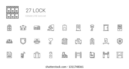 lock icons set. Collection of lock with files, entrance, suitcase, doorknob, navigation, file, key, password, security, door, access, turntiles. Editable and scalable lock icons.