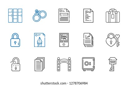lock icons set. Collection of lock with key, safebox, entrance, files, padlock, file, domotics, suitcase, handcuffs, locker. Editable and scalable lock icons.