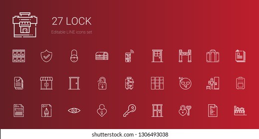 lock icons set. Collection of lock with padlock, door, key, security, file, in love, locker, suitcase, entrances, turntiles, navigation, files. Editable and scalable lock icons.