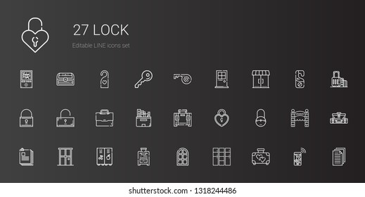 lock icons set. Collection of lock with suitcase, locker, door, files, padlock, briefcase, unlocked, entrances, key, navigation, entrance, door hanger. Editable and scalable lock icons.