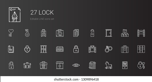 lock icons set. Collection of lock with trojan horse, files, security, entrances, suitcase, briefcase, padlock, handcuffs, chest, door, doorknob. Editable and scalable lock icons.