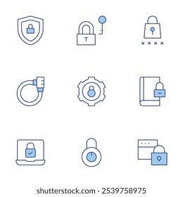 Bloquear ícones definido. Estilo Duotônico de linha, traço editável. lock, escudo, bloqueado, cadeado, senha.