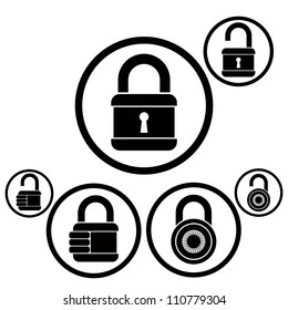 Lock icons set, open and closed versions, vector.