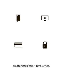 Lock icons set. open door, lock, credit card and monitor