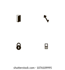 Lock icons set. round lock, mobile, open door and closed