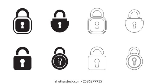 Lock icons set simple clean and smooth lines and fill vector icons in black on a white background.

