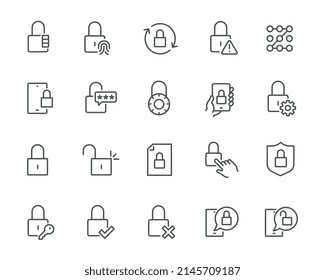 Lock Icons Set. Such as, Passwords, Keys, Lock Management, Setting, Open and Close the Lock and others. Editable Vector Stroke