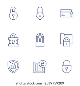 Conjunto de iconos de bloqueo. Estilo de línea delgada, carrera editable. tarjeta de crédito, carpeta, cerradura, candado, protección.