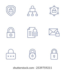 Bloquear ícones definido. Estilo de linha fina, traço editável. acesso, envelope, bloqueio, cadeado, código de pin, segurança.