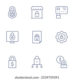 Conjunto de iconos de bloqueo. Estilo de línea delgada, movimiento editable. tarjeta bloqueada, dinero, tienda, cerradura inteligente, cerradura, bloqueado.