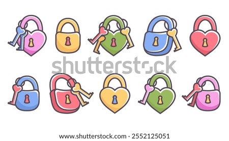Lock icons. Set of various padlocks with color keys. Hanging Castles in shape of heart. Doodle hand drawn valentine elements. Happy Valentine's day. Vector illustration for holiday, invitation, card