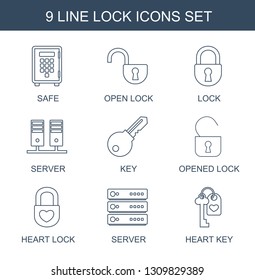 lock icons. Trendy 9 lock icons. Contain icons such as safe, open lock, server, key, opened heart heart key. icon for web and mobile.