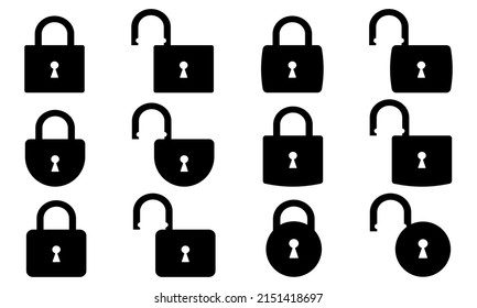 Lock icons vector set on white background. Door padlock open and closed. Symbol safety. Black silhouette. 