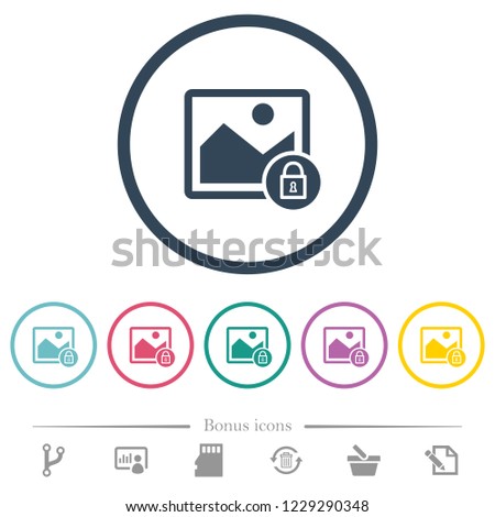 Lock image flat color icons in round outlines. 6 bonus icons included.