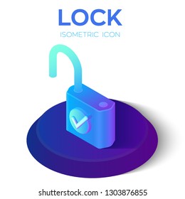 Lock Isometric Icon. 3D Isometric Lock icon with Approve Sign. Unlock Symbol. Accepted Sign. Created For Mobile, Web, Application. Perfect for web design, banner and presentation. Vector Illustration.