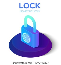 Lock Isometric Icon. 3D Isometric Lock Sign with Fingerprint. Created For Mobile, Web, Decor, Print Products, Application. Perfect for web design, banner and presentation. Vector Illustration.