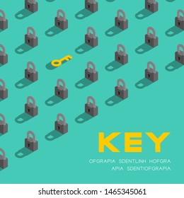 Lock and key 3D isometric pattern, Password unlock concept poster and banner square design illustration isolated on green background with copy space, vector eps 10