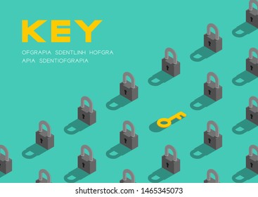 Lock and key 3D isometric pattern, Password unlock concept poster and banner horizontal design illustration isolated on green background with copy space, vector eps 10