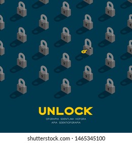 Lock and key 3D isometric pattern, Password unlock concept poster and banner square design illustration isolated on blue background with copy space, vector eps 10