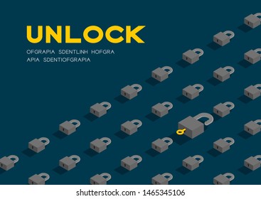 Lock and key 3D isometric pattern, Password unlock concept poster and banner horizontal design illustration isolated on blue background with copy space, vector eps 10