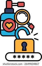 A lock with a key and a bottle of lotion with a heart on it. The lock is open and the key is missing