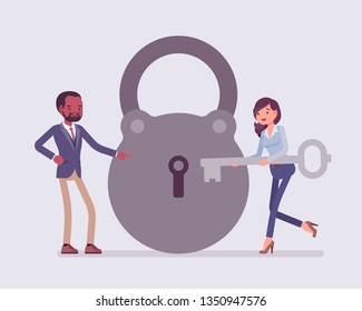 Lock and key, business problem solving and decision making metaphor. Man and woman ready to open, unlock a secret method, formula, or process, find new sound decision, conclusion. Vector illustration