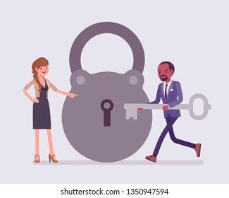 Lock and key, business problem solving and decision making metaphor. Man and woman ready to open, unlock a secret method, formula, or process, find new sound decision, conclusion. Vector illustration