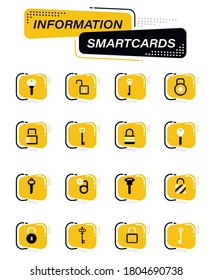 Iconos del vector de color de bloqueo y clave en tarjetas inteligentes de información para el diseño de la interfaz de usuario