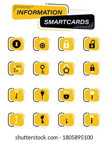 Lock and Key color vector icons on information smart cards for user interface design