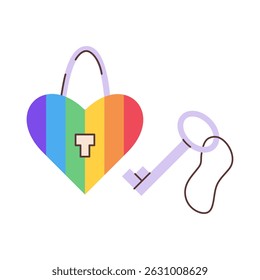 Lock with key in the colors of the LGBTQ+ pride flag. Vector illustration.