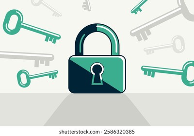 Lock with key concept poster, padlock security vector icon style illustration, locked and secured, safe account metaphor, privacy.
