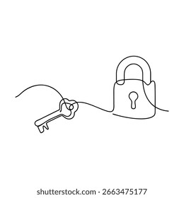 Lock and key continuous line drawing security protection
