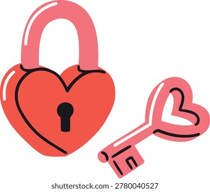 Lock with key doodle vector icon. Vintage key heart shape holder. Romantic love symbol. Locking, unlocking tool red and pink design. Save the date