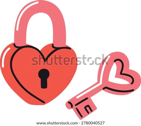 Lock with key doodle vector icon. Vintage key heart shape holder. Romantic love symbol. Locking, unlocking tool red and pink design. Save the date