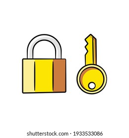 Lock and key in drawing style isolated vector. Hand drawn object illustration for your presentation, teaching materials or others.