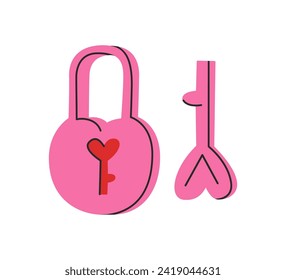 Lock and key with hearts shape. Valentines Day concept. Flat vector illustration. Good for stickers, cards design, tags, clipart. Groovy doodle style