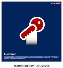 Lock Key Icon - abstract logo type icon - Red & white sticker icon on blue background. Vector illustration