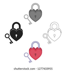 Lock and key icon in cartoon style isolated on white background. Romantic symbol stock vector illustration.