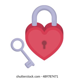 Lock and key icon in cartoon style isolated on white background. Romantic symbol stock vector illustration.